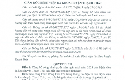 Quyết định công bố công khai quyết toán ngân sách năm 2023 của bệnh viện đa khoa huyện Thạch Thất